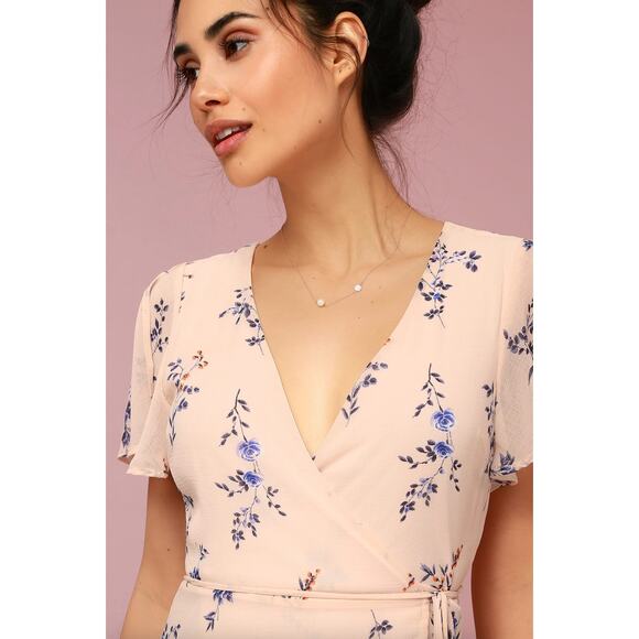 Lulus Fowler Blush Pink Floral Print Wrap Dress Size S Flutter Split Sleeve - Picture 2 of 13